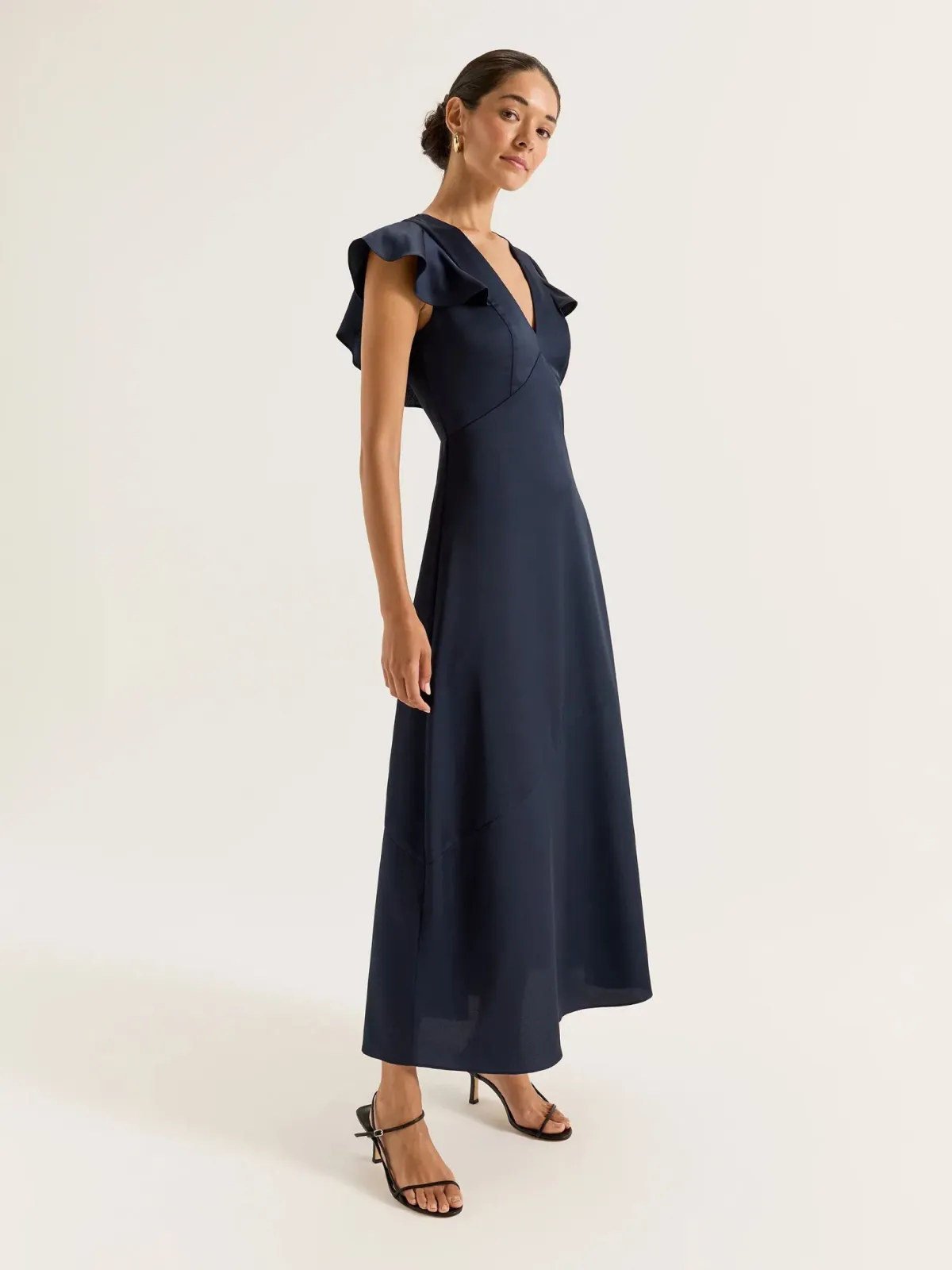 Review Montreal Flounce Sleeve Satin Maxi Dress Navy Size 12 - Image 2