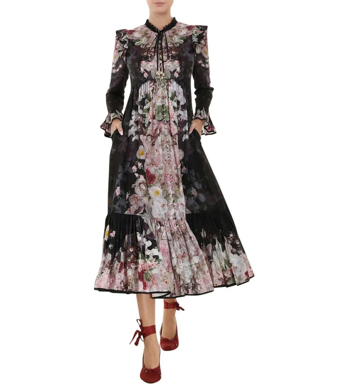 Zimmermann Dancer Tie Neck Midi Dress Black Garden Floral Size 1 AU 10 - Image 1