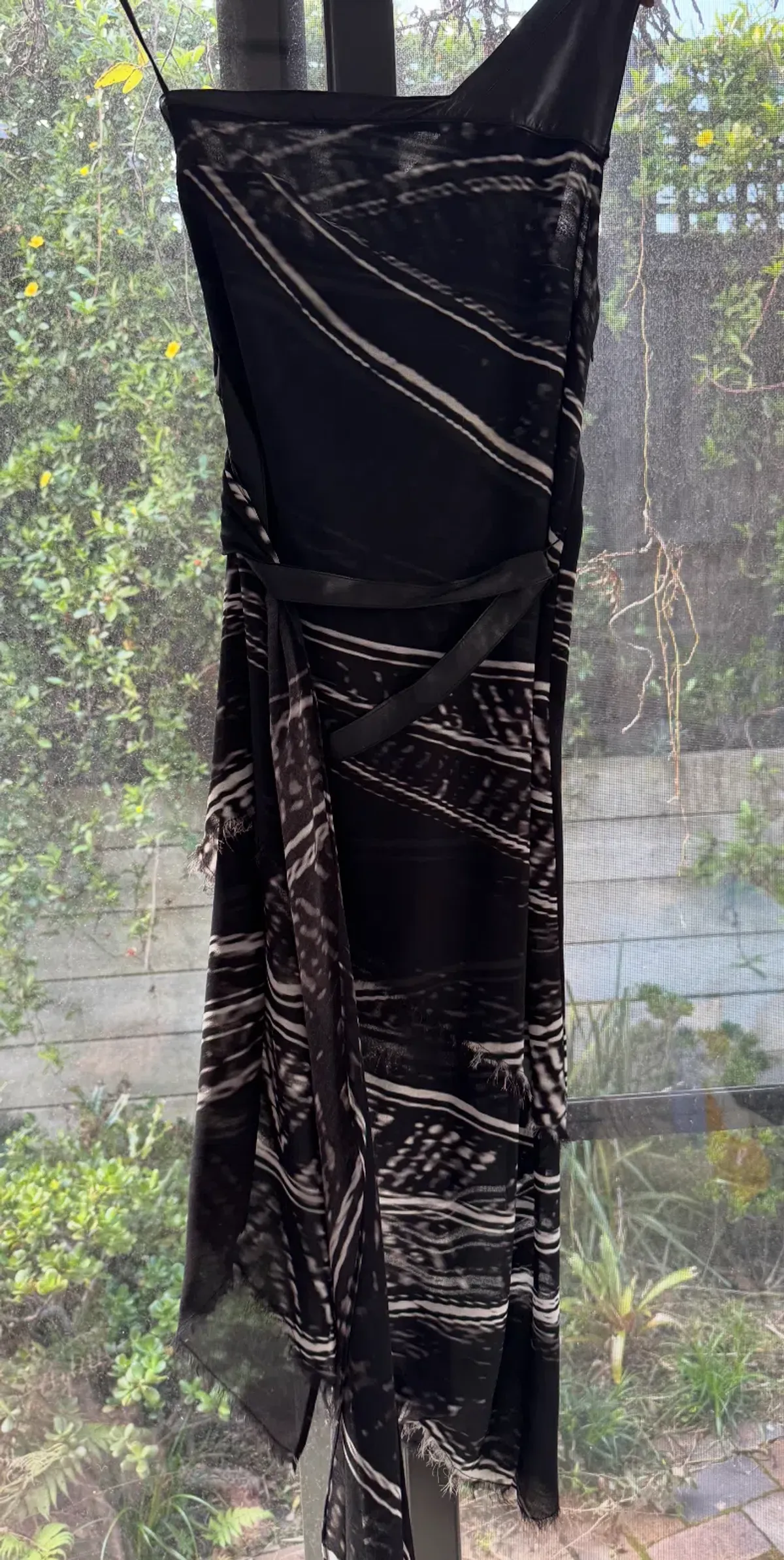 Kimberly Ovitz Leather Trim Knee-Length Dress Black Print Size US 4 AU 8 - Image 5