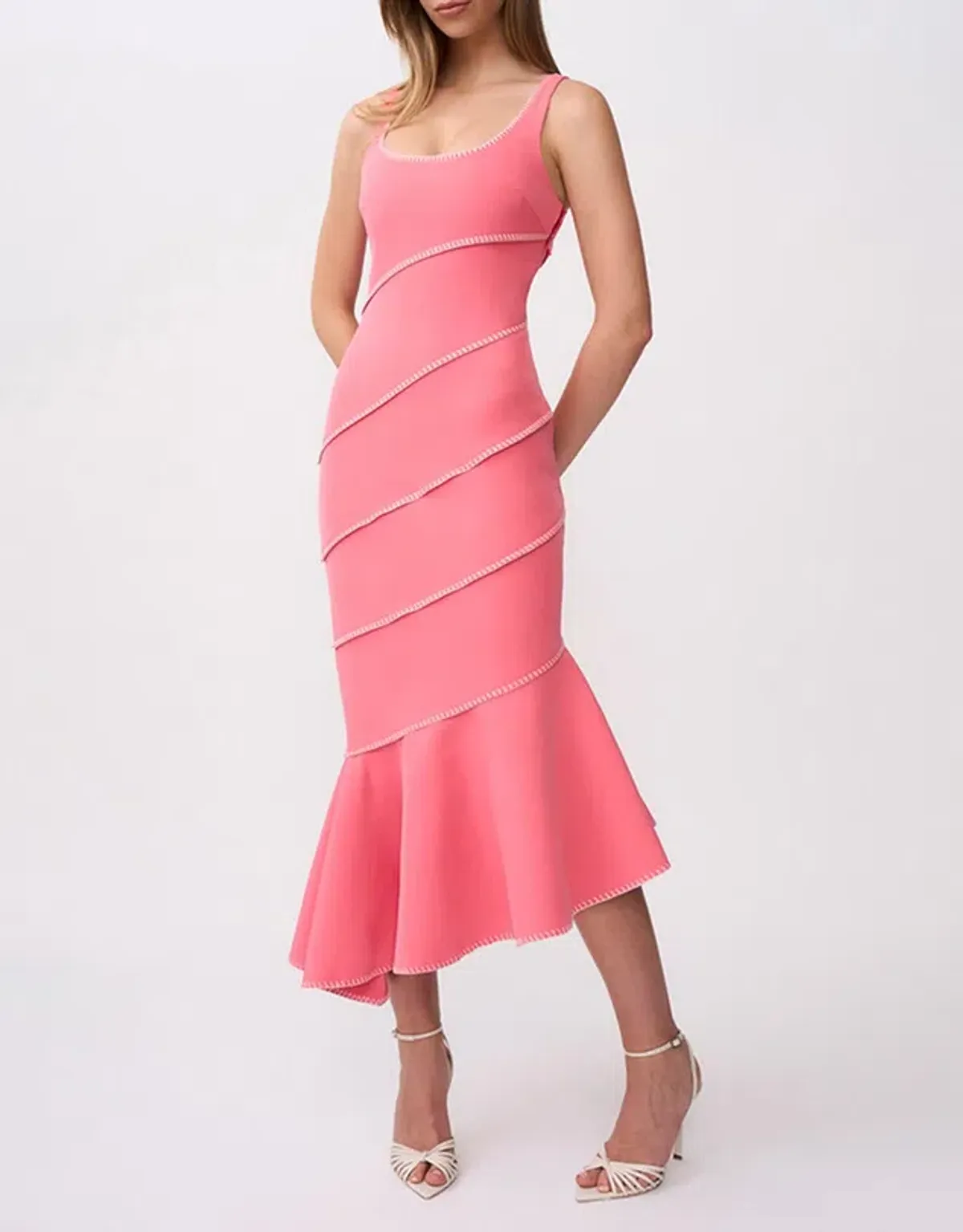 By Johnny Sylvia Spiral Midi Dress Ivory Pink Size 10 - Image 1