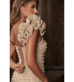 Gold Couture Hana Pearl & Swarovski Beaded Ruffle Shoulder Gown Gold Size AU 12 for rent on The Volte - image 5