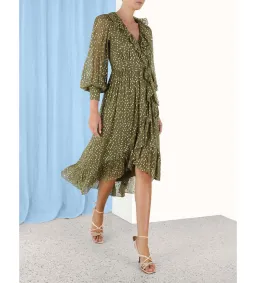 Zimmermann Lurex Wrap Midi Dress in Khaki Size 3/AU14 for rent on The Volte - image 1
