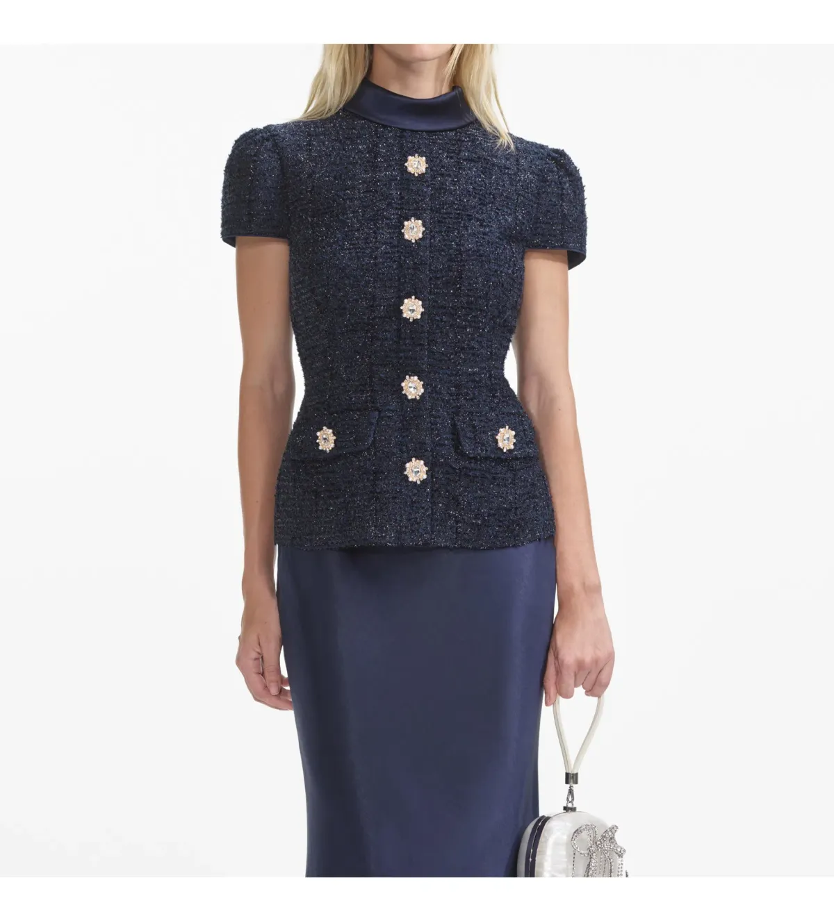 Self Portrait Boucle Maxi Dress Navy Metallic Size S/AU 8 - Image 4