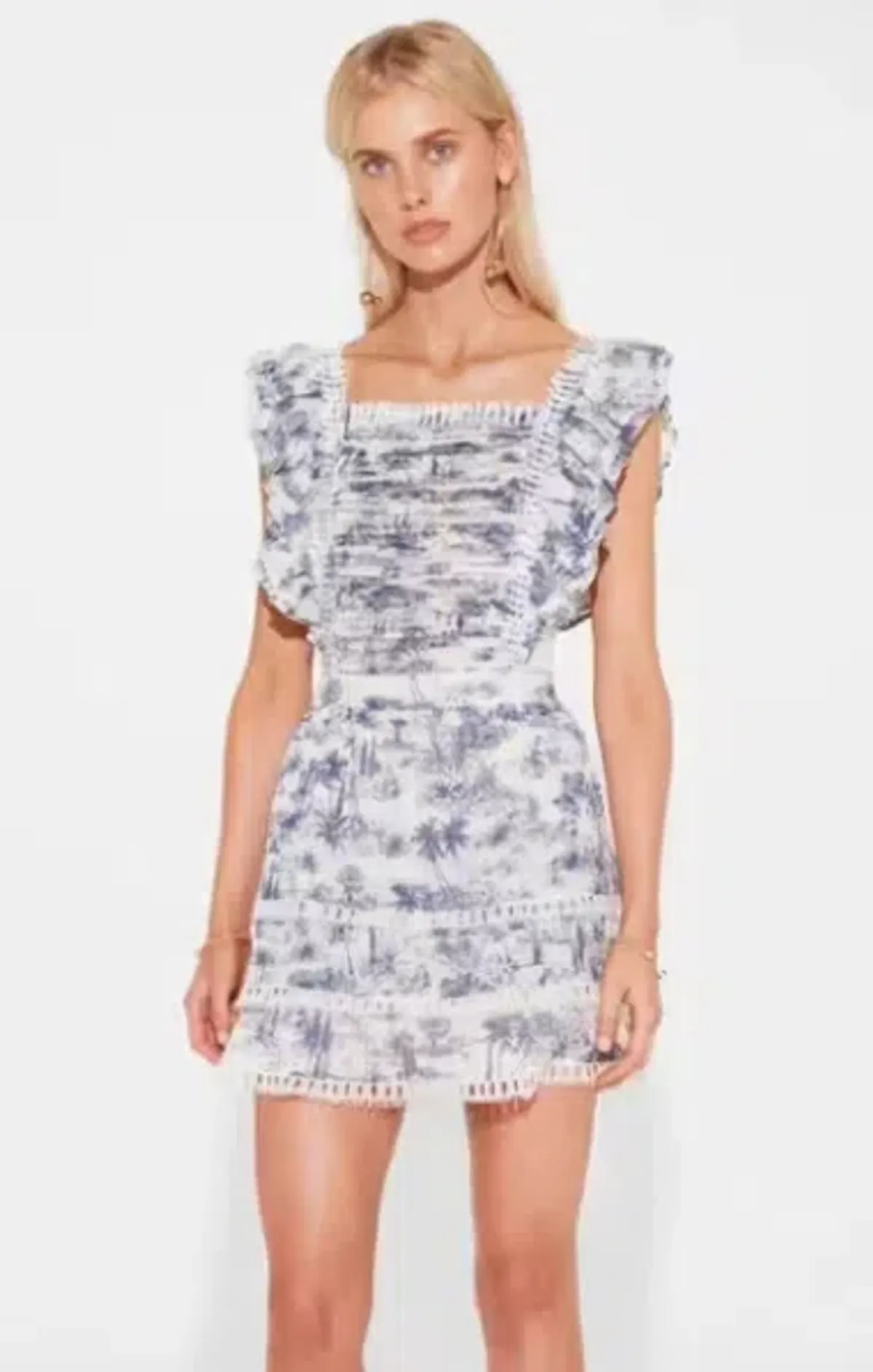 Sir The Label Dahlia Linen Ruffle Mini Dress Blue Palm Tree Print Size AU 12 - Image 1