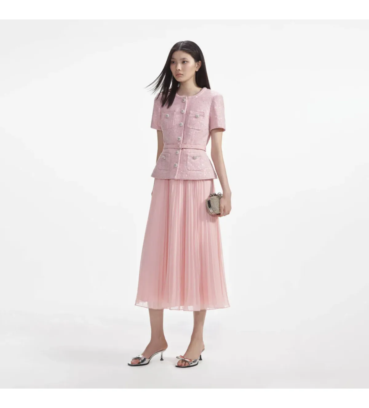 Self Portrait Pink Boucle Sequins Midi Dress Size AU10 - Image 1