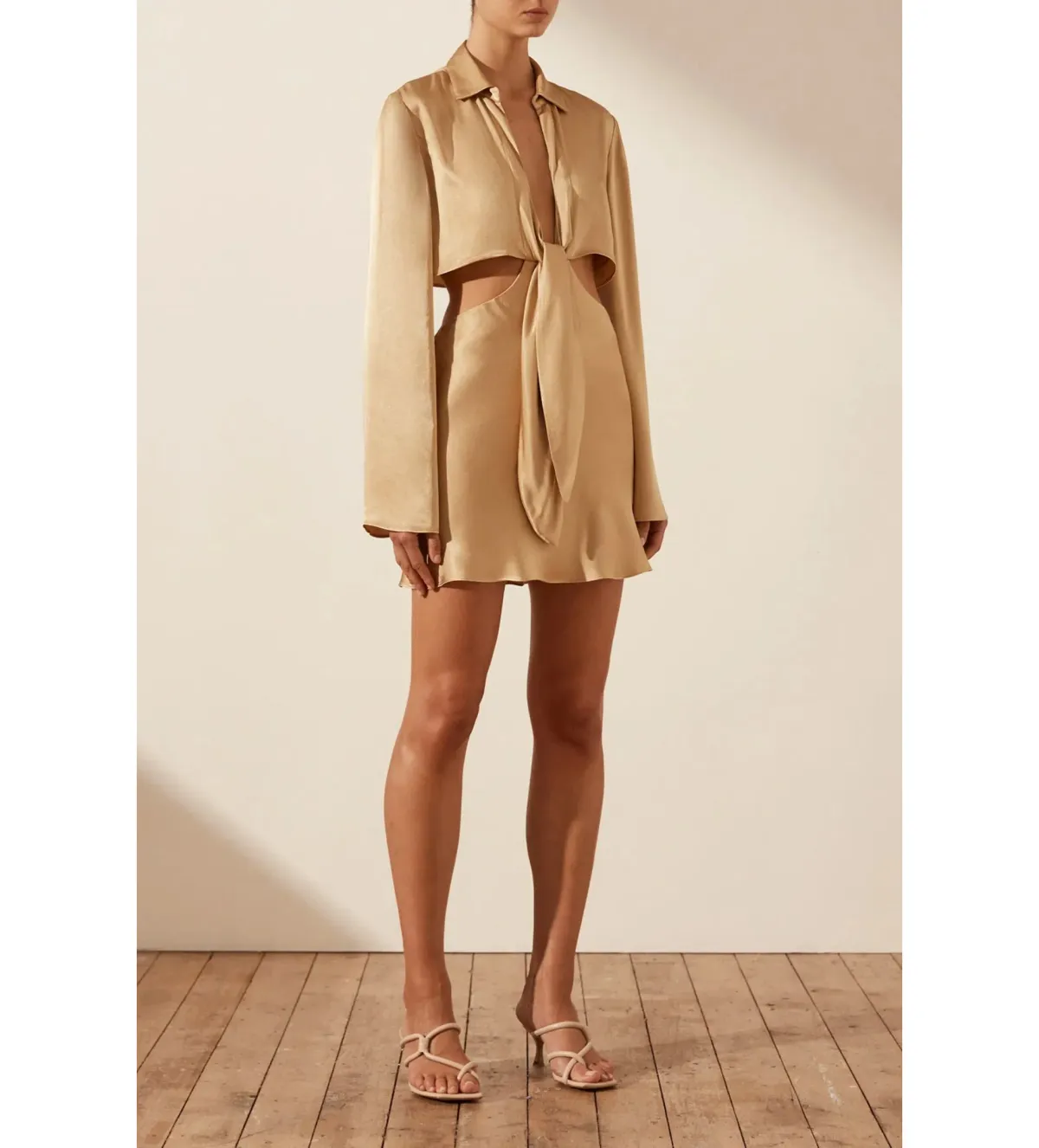 Shona Joy Oliviera Long Sleeve Tie Front Mini Dress in Gold Size 14 - Image 1