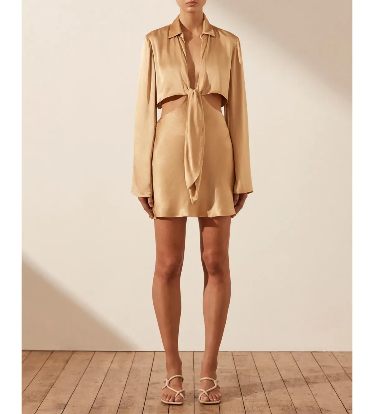 Shona Joy Oliviera Long Sleeve Tie Front Mini Dress in Gold Size 14 - Image 2