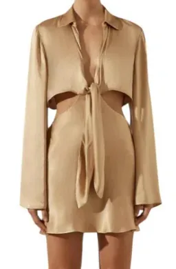 Shona Joy Gold Tie Front Cut out,Long flared Sleeve Dress Size 14 for rent on The Volte - image 1