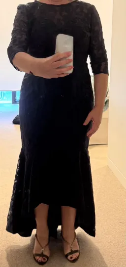 Formal Gown by Bariano Navy Lace 3/4 sleeves tapered length for rent on The Volte - image 4