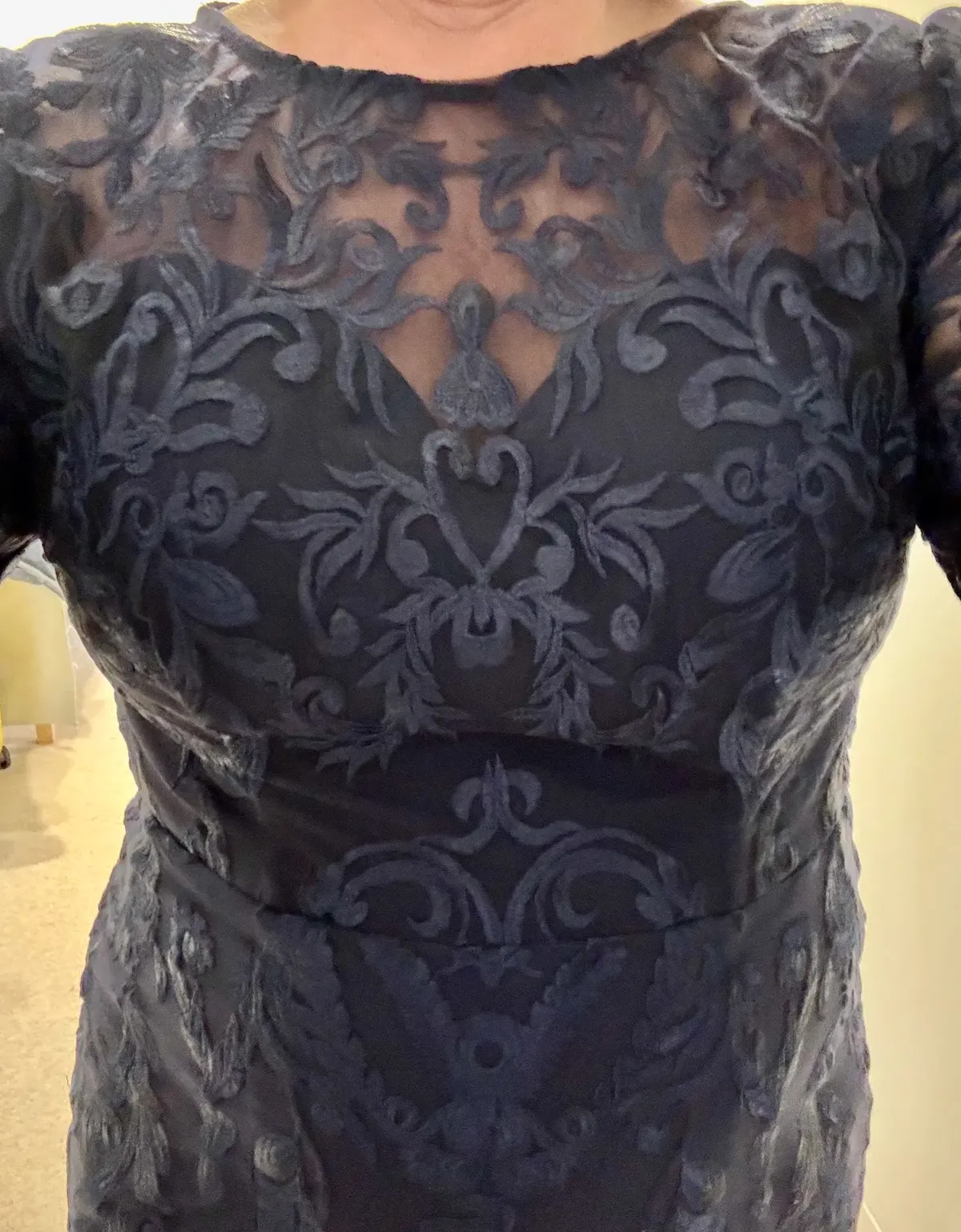 Formal Gown by Bariano Navy Lace 3/4 sleeves tapered length - Image 2