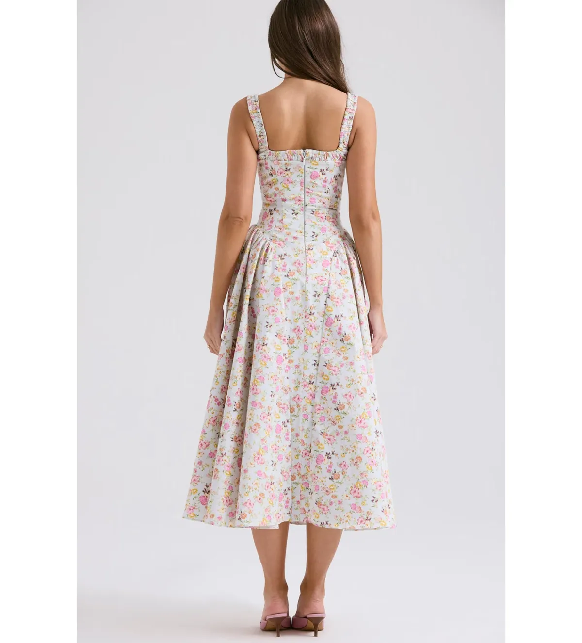 House of CB Dorothy Midi Dress Pale Blue Meadow Print Cotton Size XS/AU 6 - Image 4