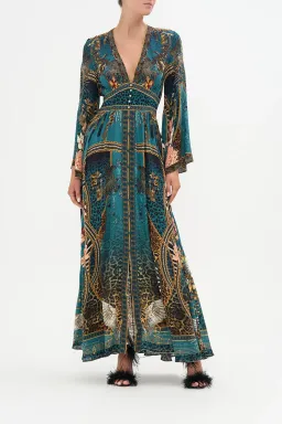 Camilla Kimono Sleeve Dress with Shirring Detail, Tiger Pants Size L/AU14 for rent on The Volte - image 1