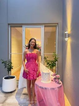 Aje Hybrid Sleeveless Mini Dress in Fuchsia Rose Size 6  for rent on The Volte - image 1