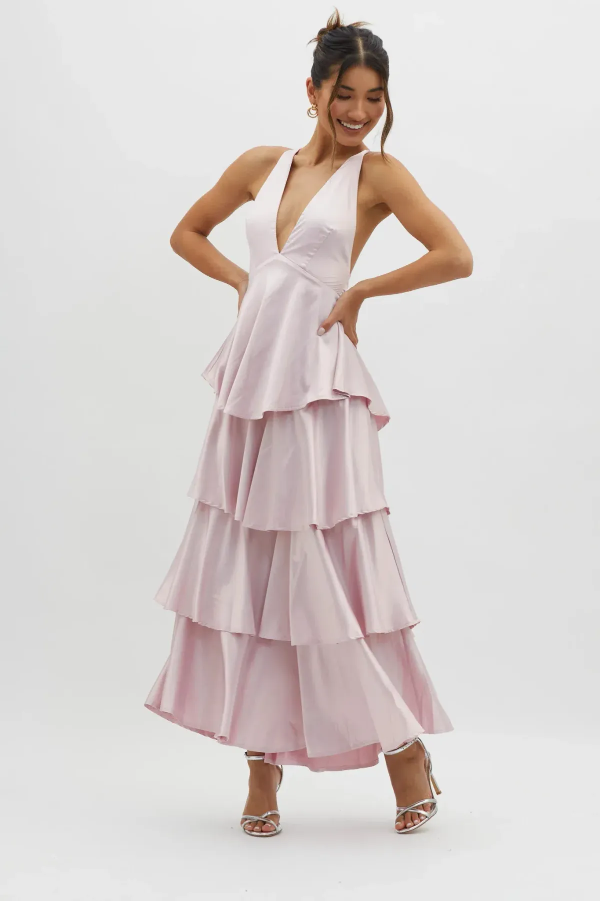 Selfie Leslie Auguste Tiered Frill Strappy Back Dress in Blush Size 8 - Image 1