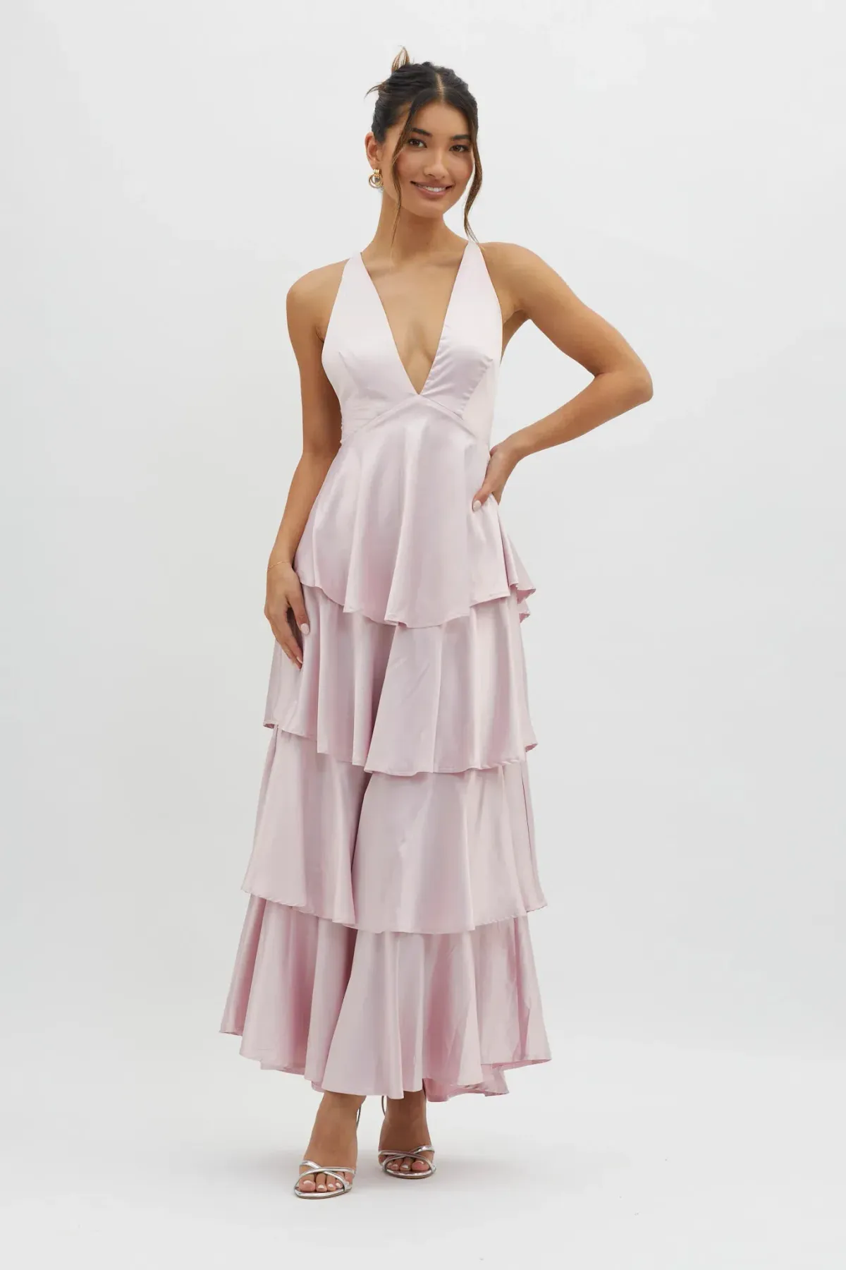 Selfie Leslie Auguste Tiered Frill Strappy Back Dress in Blush Size 8 - Image 3