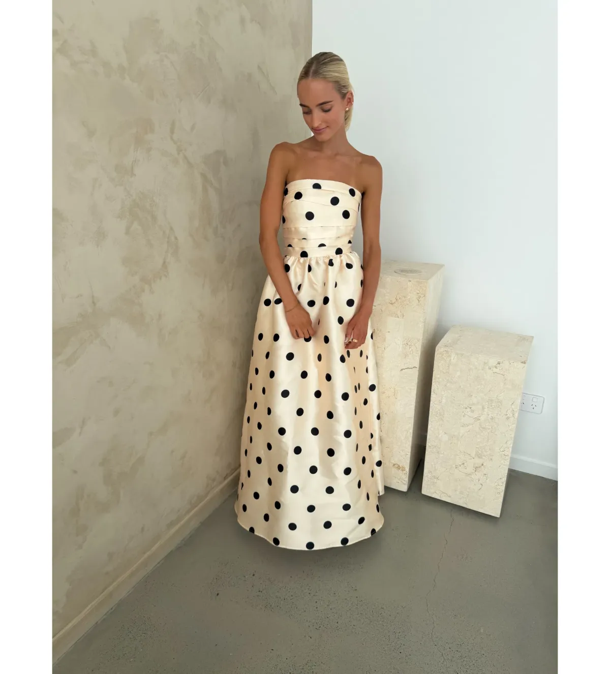 Pasduchas Dottie Strapless Midi Dress in Cream/ Black Size AU 10 - Image 1