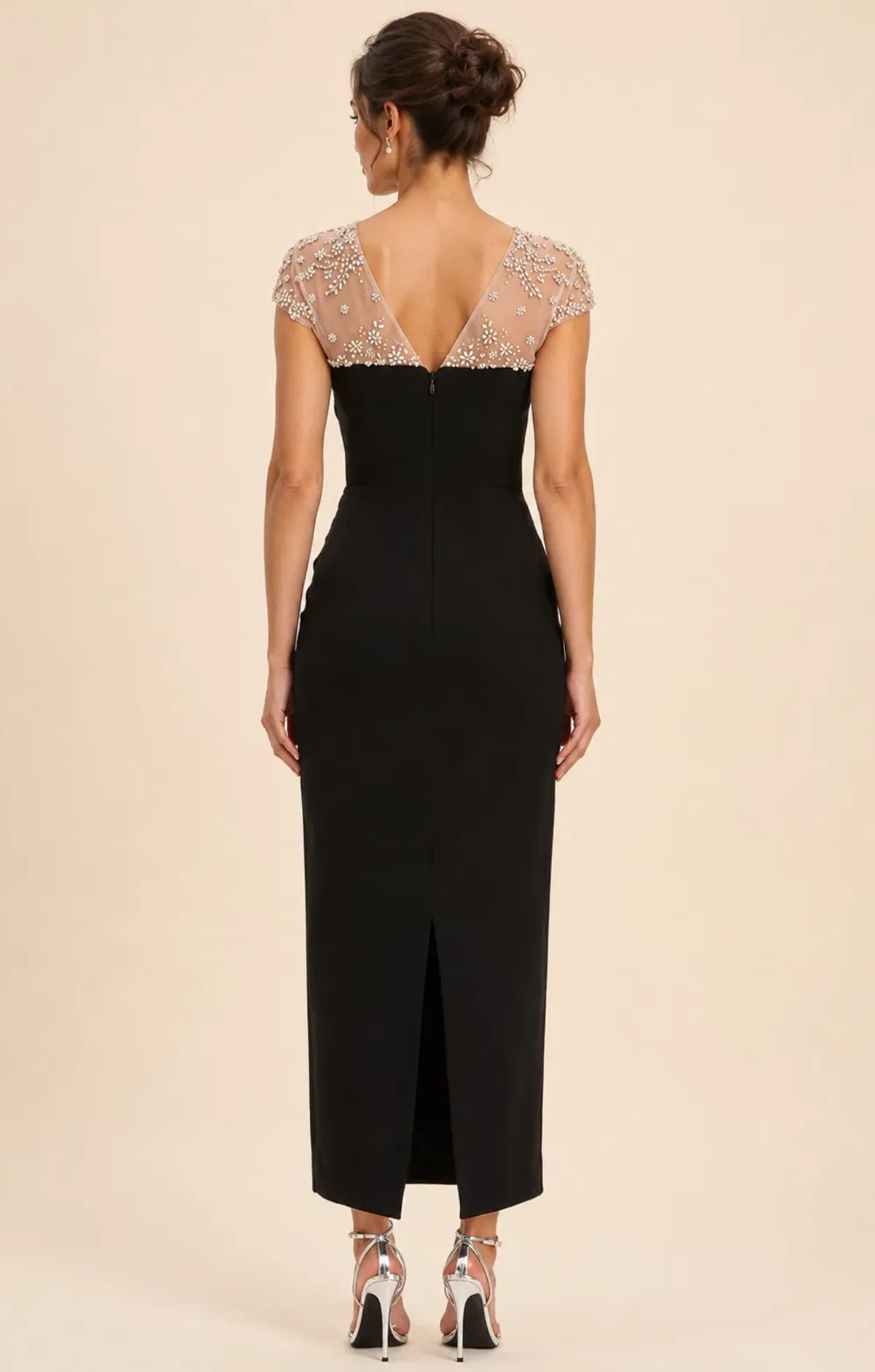 Rachel Gilbert Dottie Floral Crystal Sheer Draped Midi Dress in Black Size AU6 - Image 2