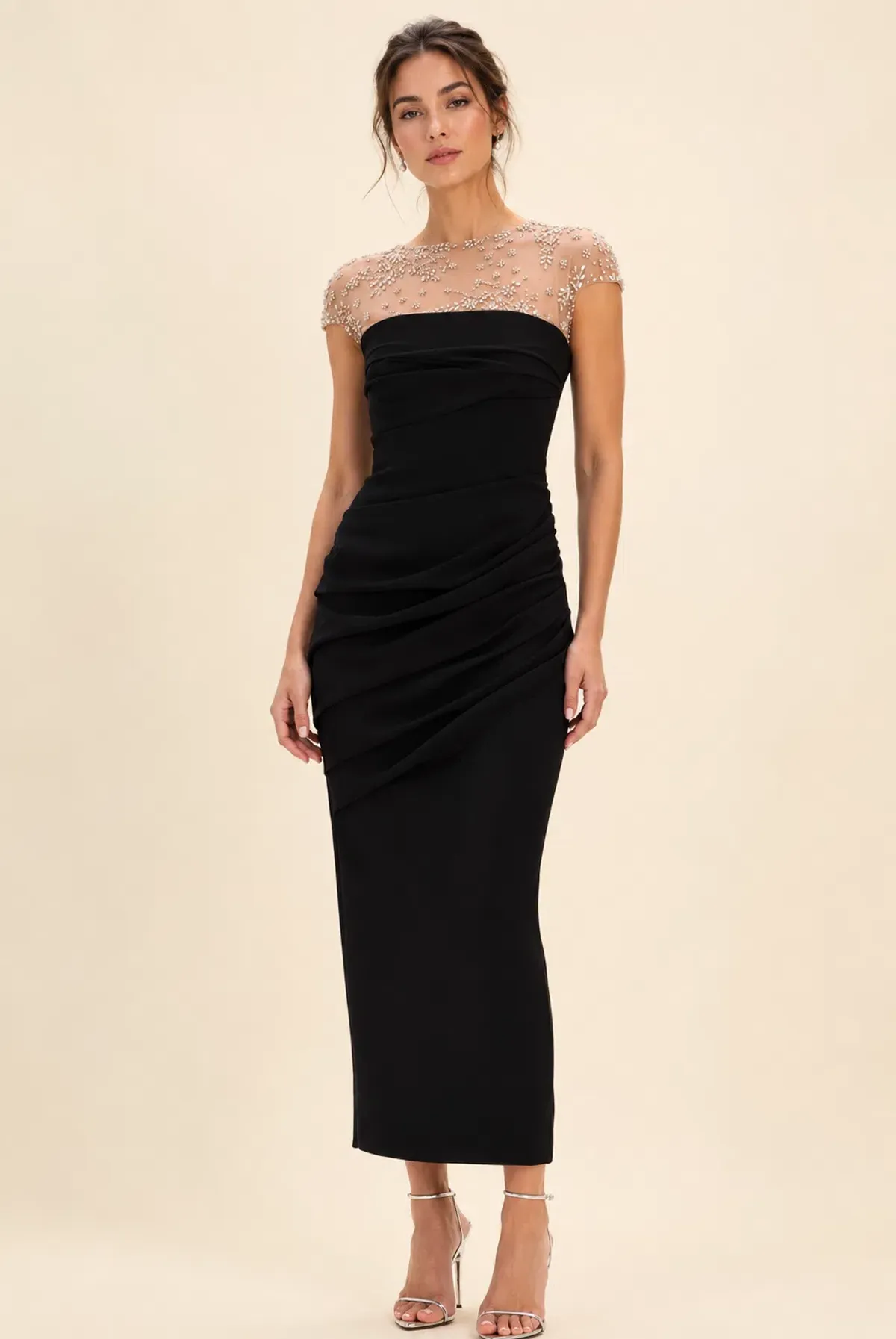 Rachel Gilbert Dottie Floral Crystal Sheer Draped Midi Dress in Black Size AU6 - Image 1