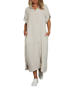 Eb And Ive Short Tab Sleeve Linen Studio Midi Shirt Dress Tusk Size M / AU 10 for rent on The Volte - image 2