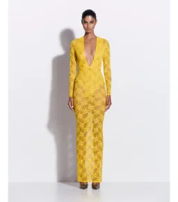 Alex Perry Long Sleeve Halter Column in Lace Yellow Size AU 8  for rent on The Volte - image 1
