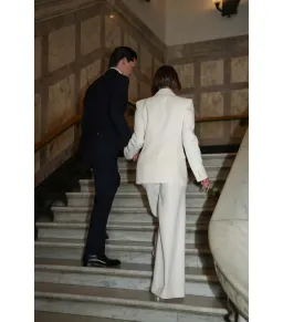 Carla Zampatti Crepe Long Line Jacket and Wide Waisted Pant Set Ivory Size AU 6 for rent on The Volte - image 3