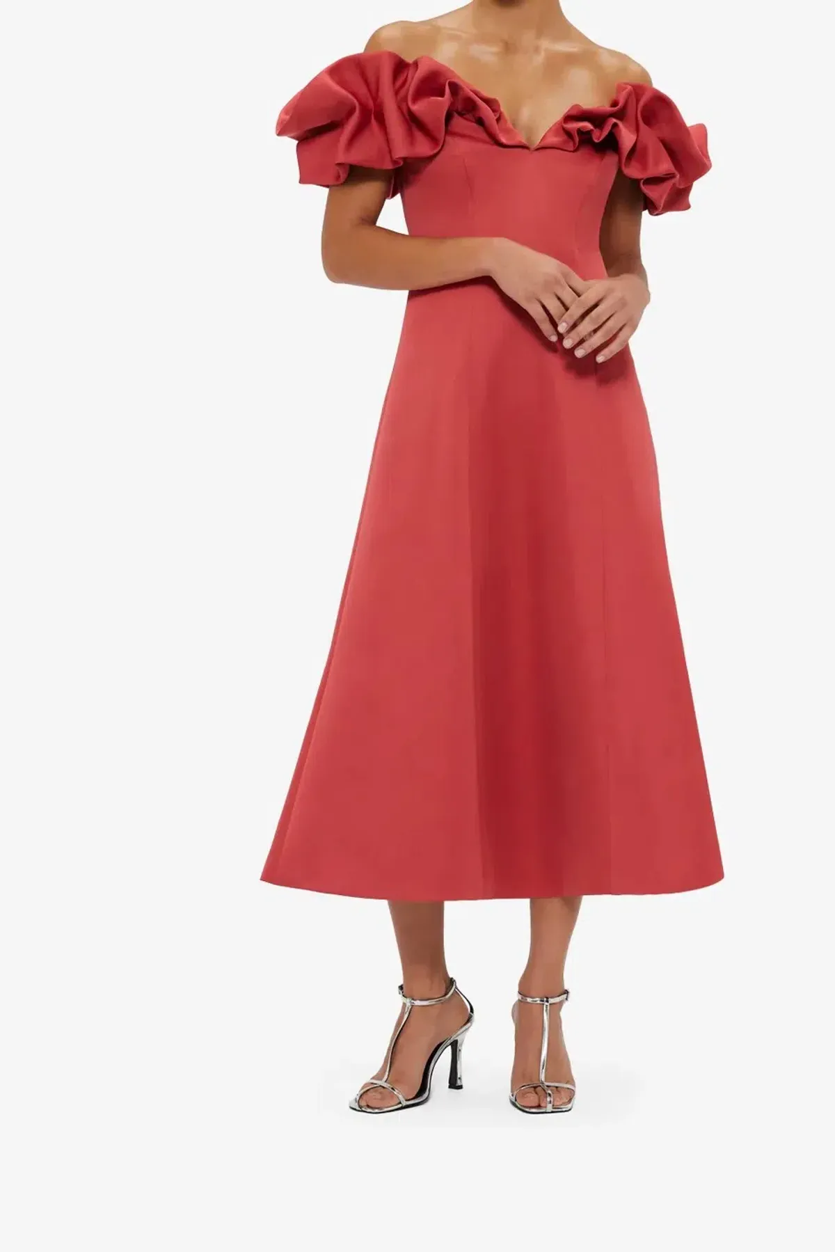 Leo Lin Annie Off Shoulder Frill Midi Dress Red Size 16 - Image 1