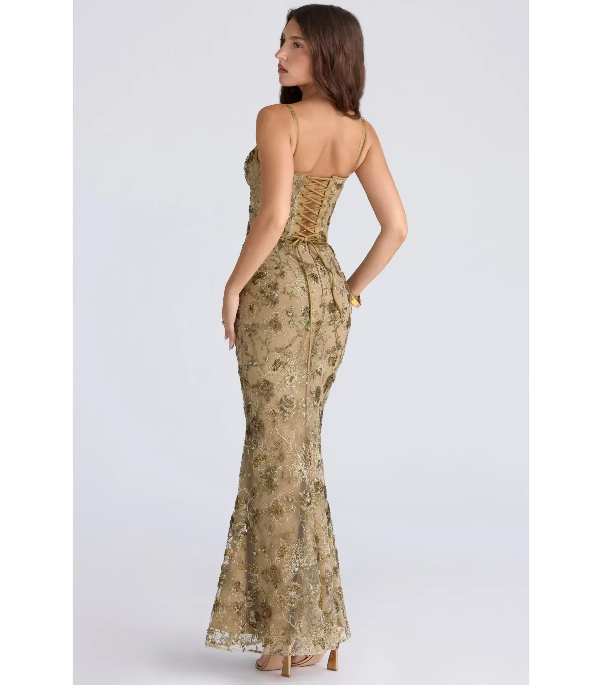 House Of CB Naima Hand Beaded Embellished Corset Maxi Dress Olive Bronze Size AU 8 - Image 4