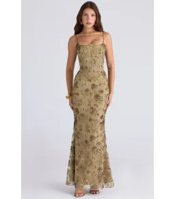 House Of CB Naima Hand Beaded Embellished Corset Maxi Dress Olive Bronze Size AU 8 for rent on The Volte - image 1