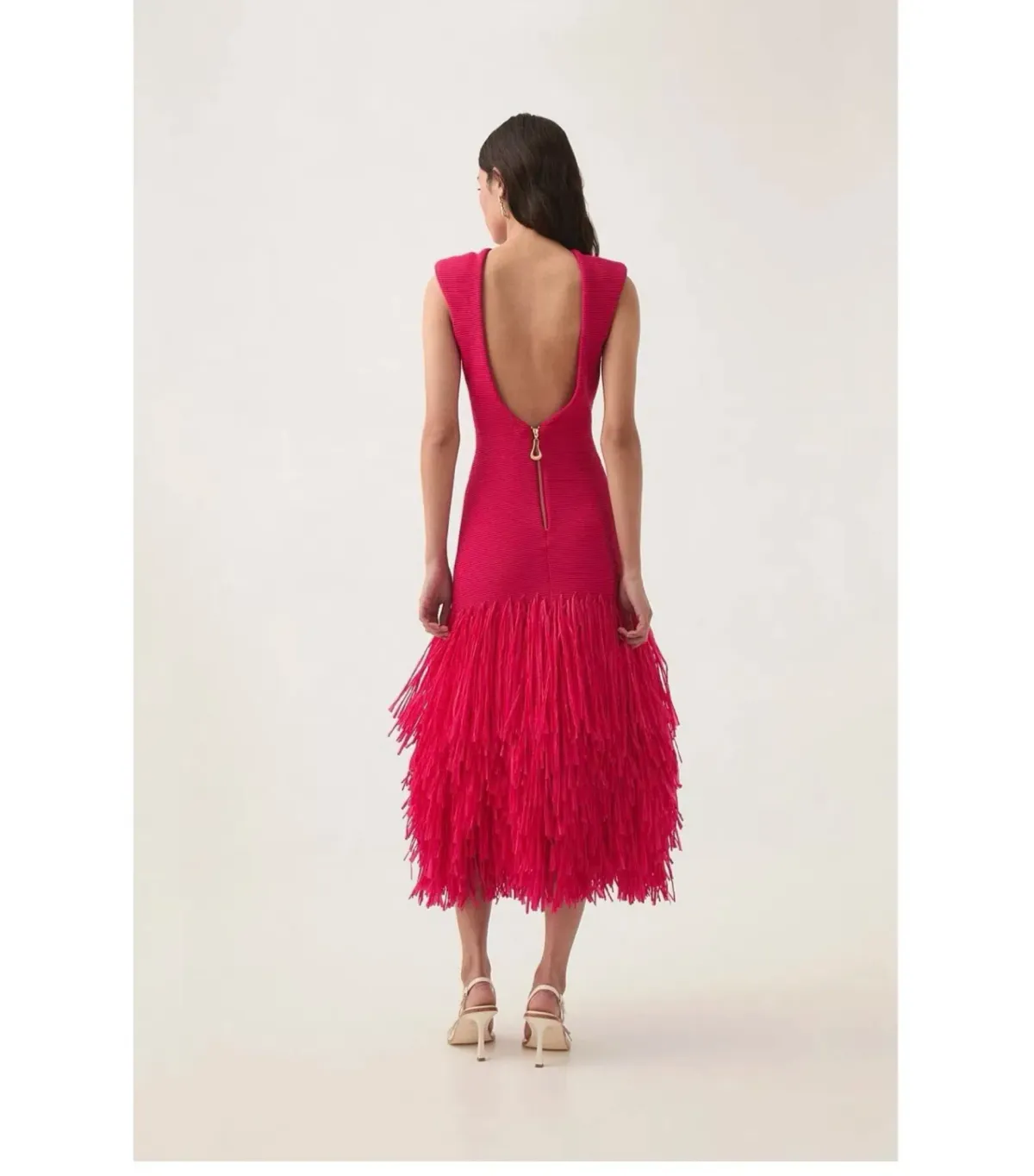 Aje Rushes Raffia Knit Midi Dress Deep Fuschia Size AU 8  - Image 4