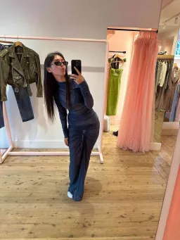 Atlein Hyper Ruched Gown in Orage/Navy Blue Size 6  for rent on The Volte - image 2