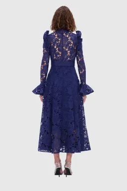 Leo Lin Aliyah Lace Butterfly Sleeve Midi Dress Oxford Blue Size 10  for rent on The Volte - image 4