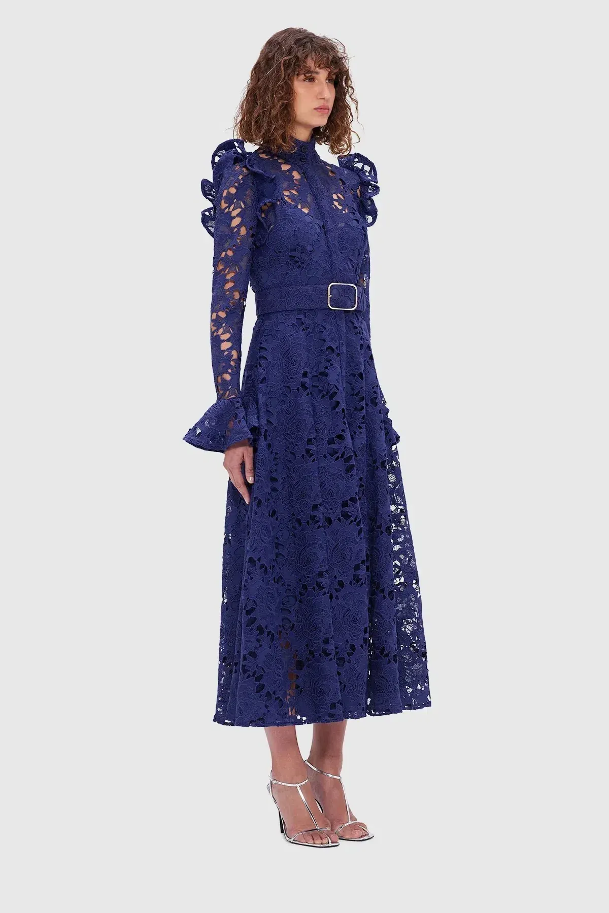 Leo Lin Aliyah Lace Butterfly Sleeve Midi Dress Oxford Blue Size 10  - Image 1