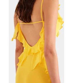 Venroy Asymmetric Low Back Silk Ruffle Dress Yellow Gold Size AU 8 for rent on The Volte - image 4