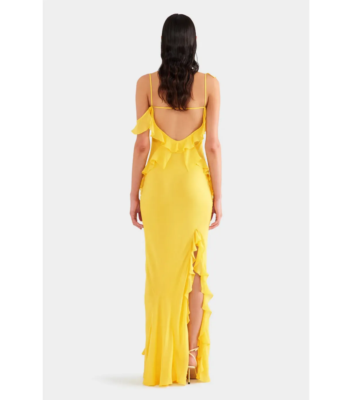 Venroy Asymmetric Low Back Silk Ruffle Dress Yellow Gold Size AU 8 - Image 5