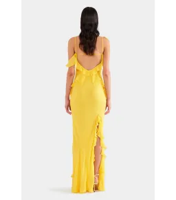 Venroy Asymmetric Low Back Silk Ruffle Dress Yellow Gold Size AU 8 for rent on The Volte - image 5