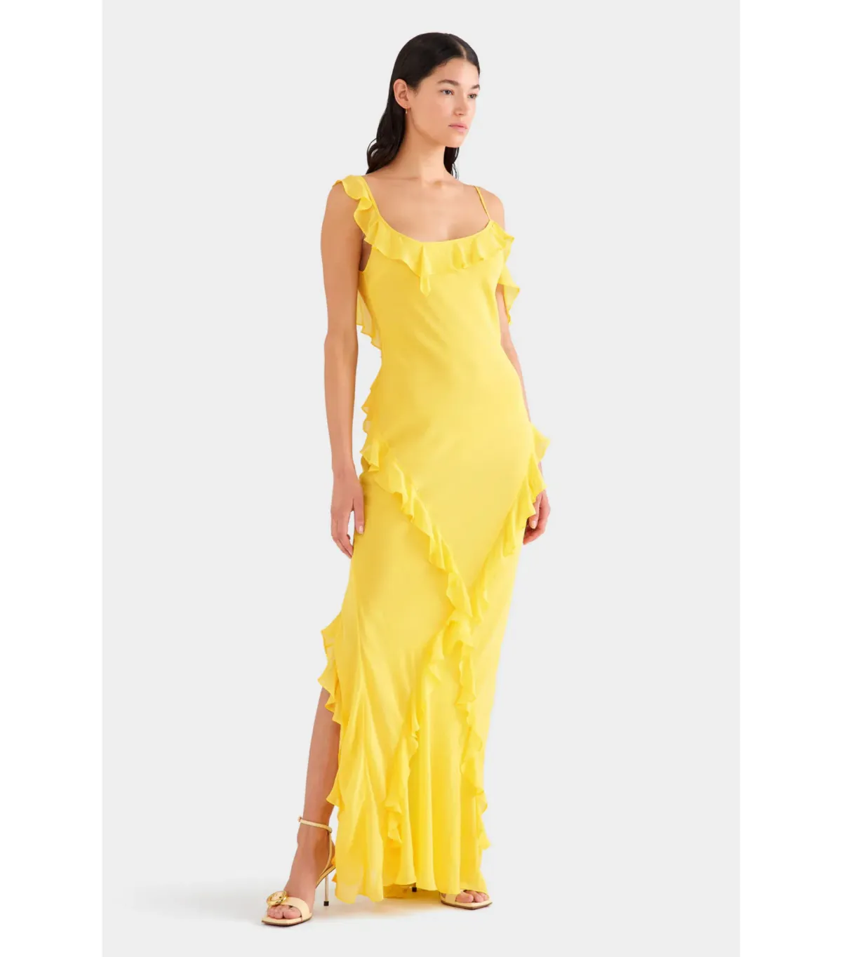 Venroy Asymmetric Low Back Silk Ruffle Dress Yellow Gold Size AU 8 - Image 3