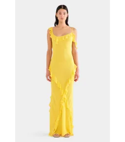 Venroy Asymmetric Low Back Silk Ruffle Dress Yellow Gold Size AU 8 for rent on The Volte - image 1