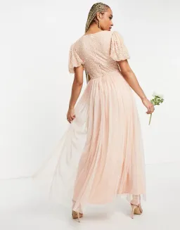Beauut Bridesmaid Sequin Embellished Maxi Dress with Tulle skirt in pink for rent on The Volte - image 4