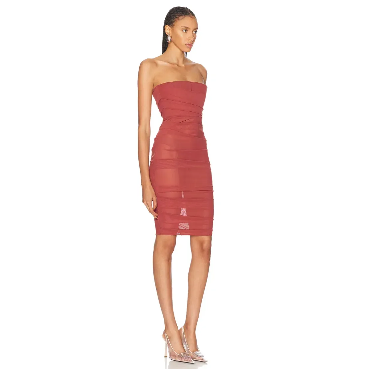 ALEX PERRY Power Mesh Midi Dress in Cognac Red AU 6 - Image 2