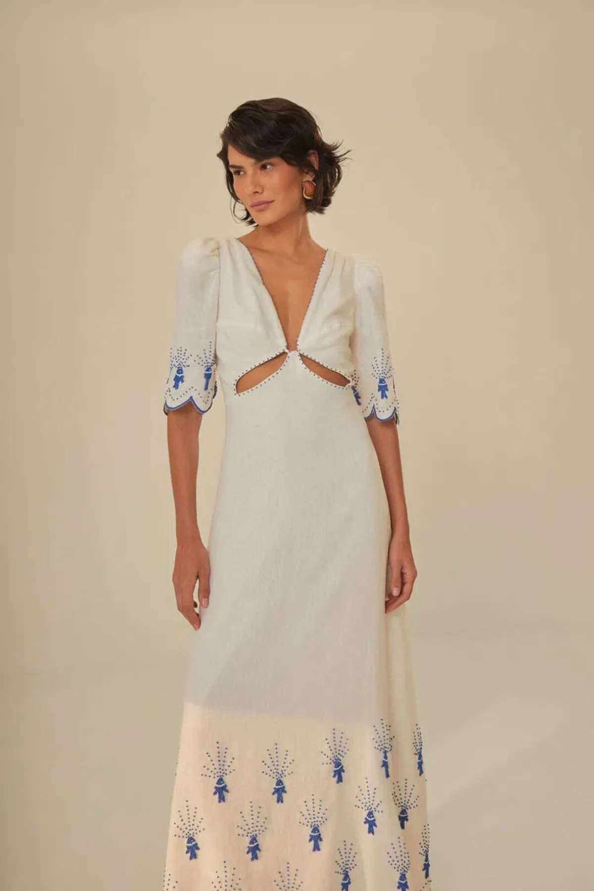 Farm Rio Sea of Fish Embroidered Midi Dress in Off White Size AU6 - Image 3