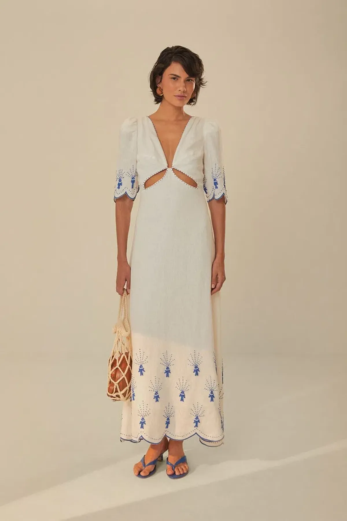 Farm Rio Sea of Fish Embroidered Midi Dress in Off White Size AU6 - Image 1