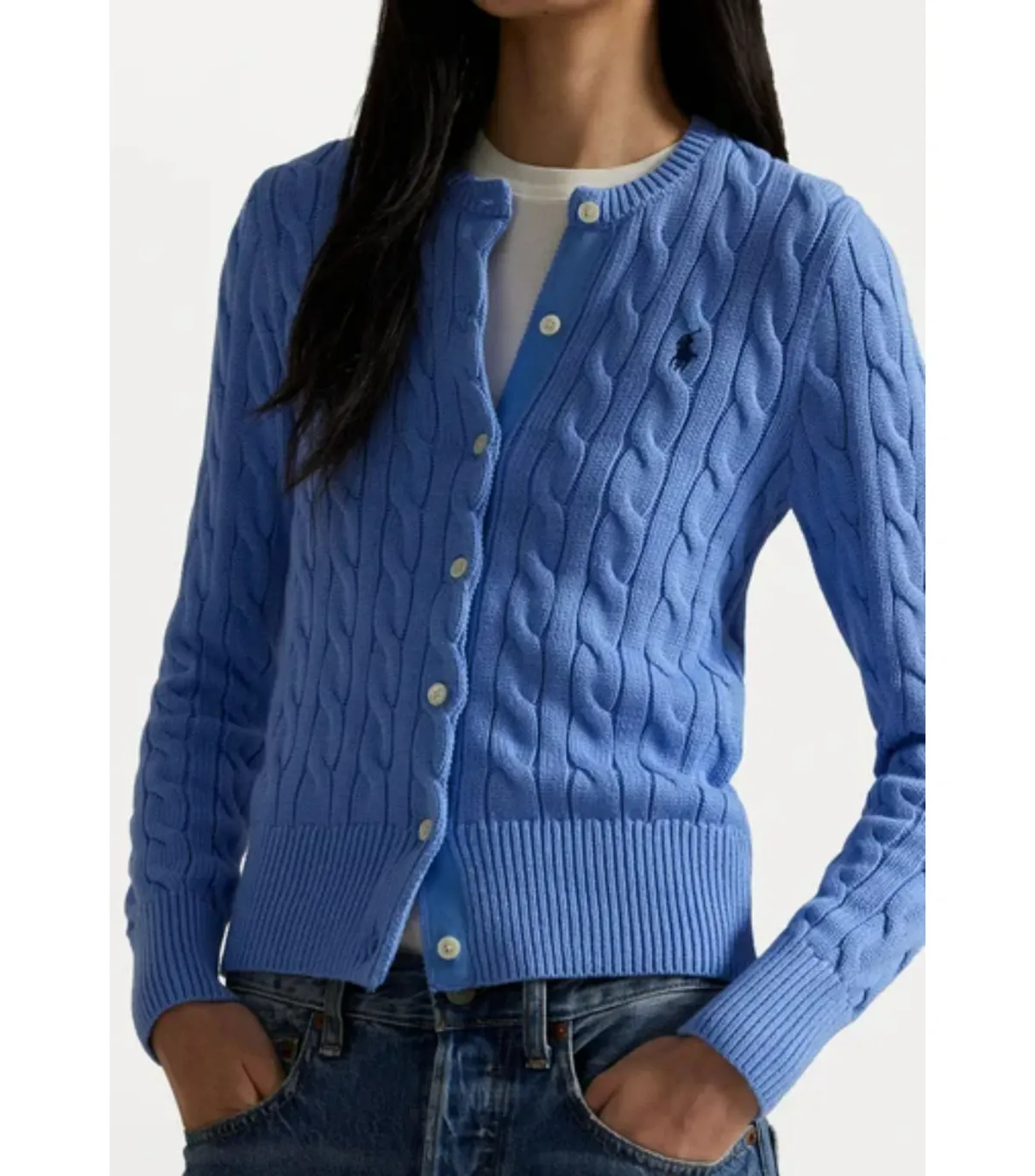 Polo Ralph Lauren Cable-knit Cotton Crewneck Cardigan Blue Size AU 8 - Image 2