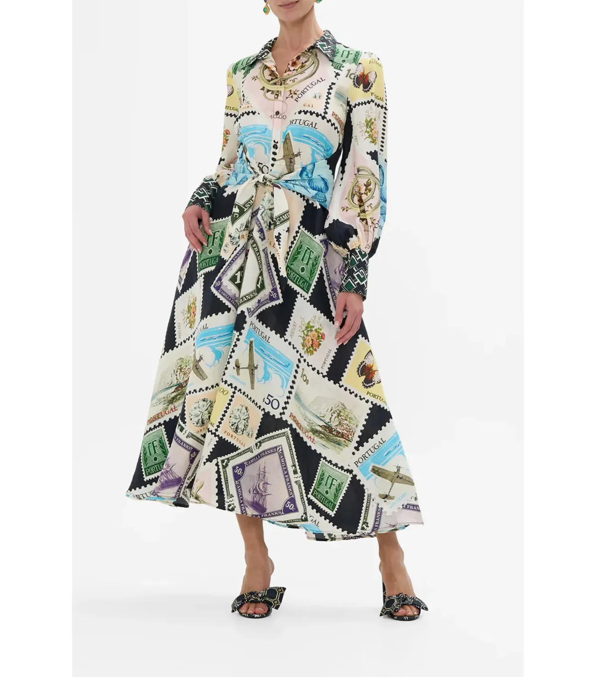 Camilla My Porto Pen Pal Waist Tie Midi Shirt Dress Multi Size AU 10 - Image 1