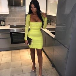 House of CB Valentina Chartreuse Long Sleeve Ruched Organza Mini Dress Yellow Size 6 for rent on The Volte - image 1