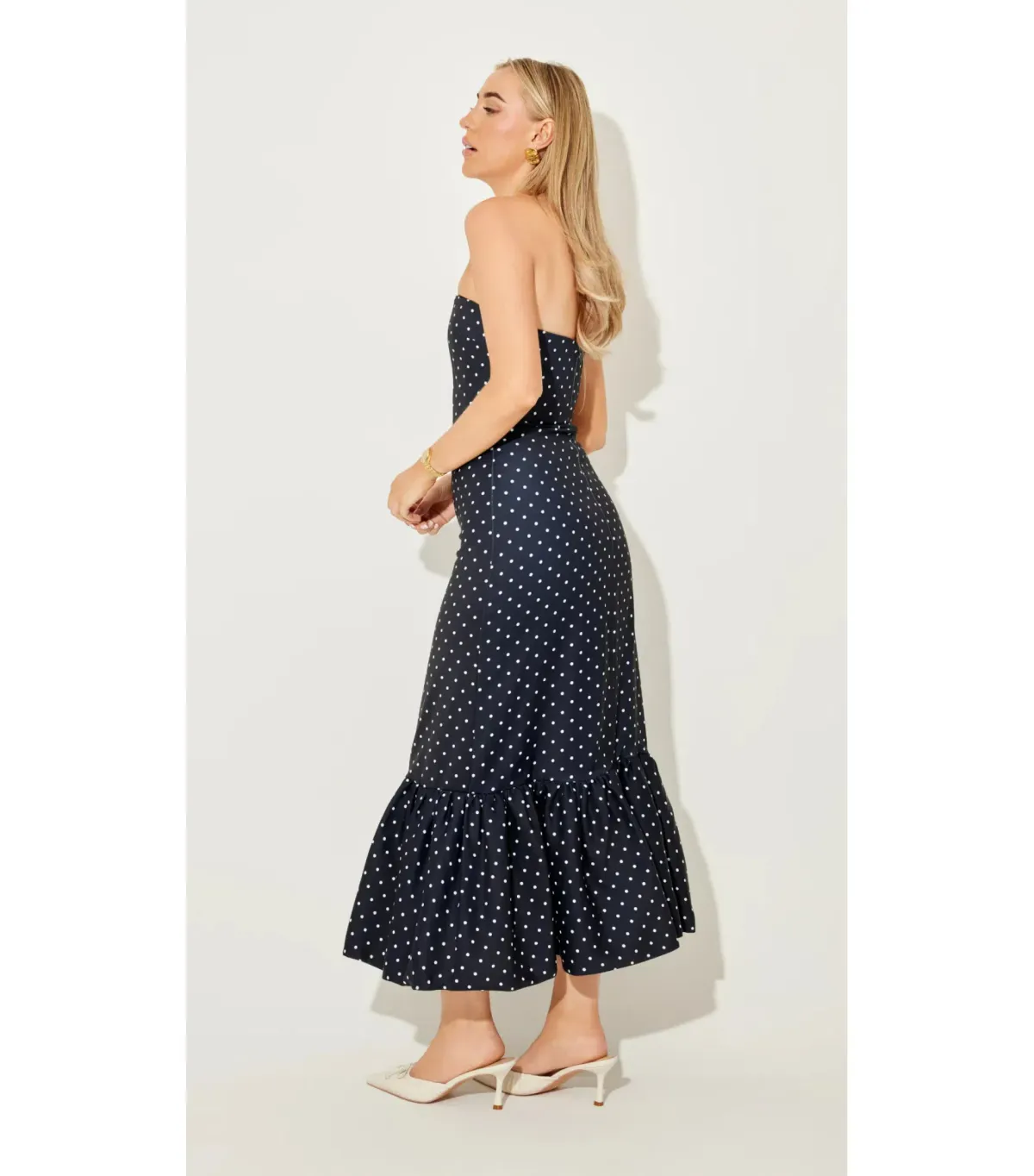 Odd Muse Strapless Peplum Midi Dress in Navy Polka Dot Size M / AU 10 - Image 2