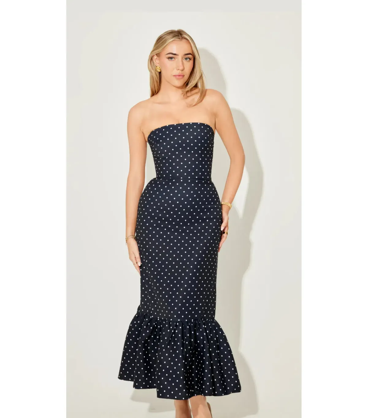 Odd Muse Strapless Peplum Midi Dress in Navy Polka Dot Size M / AU 10 - Image 3