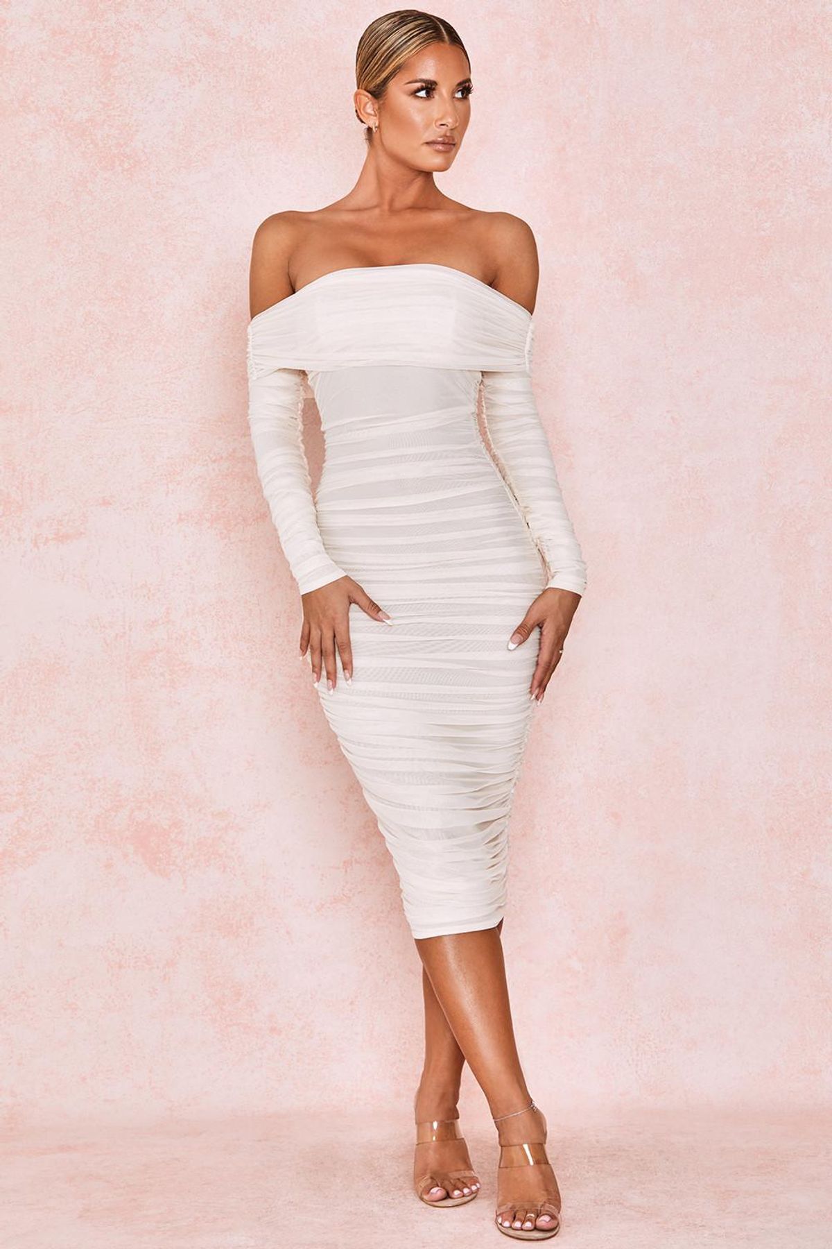 House of CB Anais Off Shoulder Ruched Midi Dress White Size 8 - Image 1