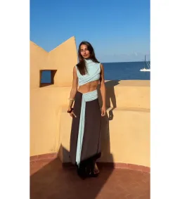 Bec & Bridge Conni Asym Midi Dress Arctic Blue/Dark Choco Size 8 for rent on The Volte - image 2