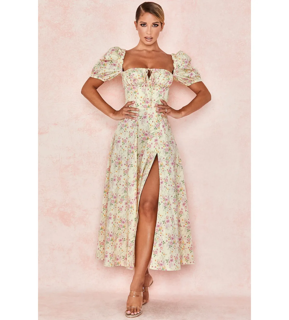 House of CB Tallulah Lemon Floral Puff Sleeve Midi Sundress Size 8 - Image 1