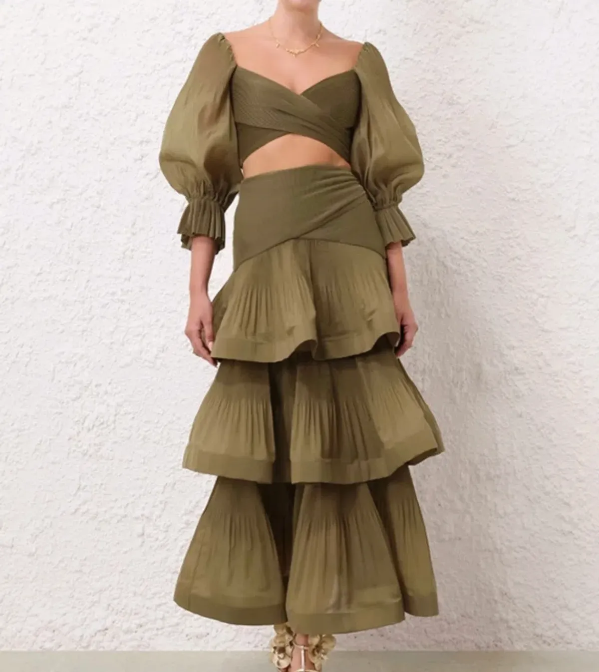 Zimmermann Pleated Bodice and Tiered Skirt Set in Olive Size 2 - Image 3